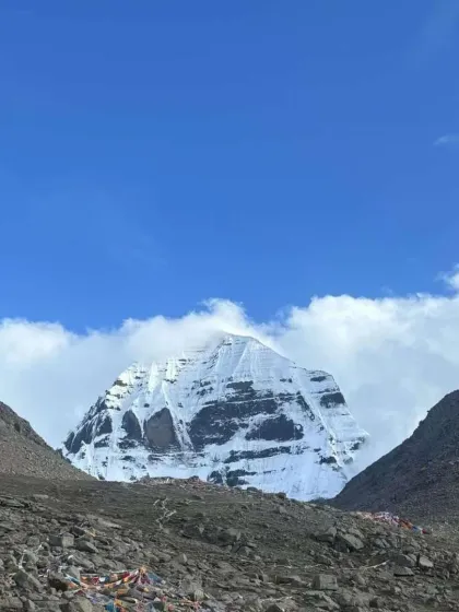 Another perspective of the holy mountain, framed by the surrounding peaks. The Kailash Manasarovar yatra is an unforgettable spiritual and cultural overland drive.