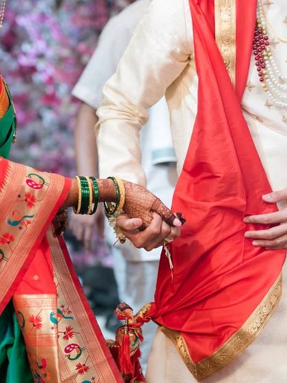 The tying of the knot, or Gathbandhan, a symbolic ritual of union in an Indian wedding ceremony.
