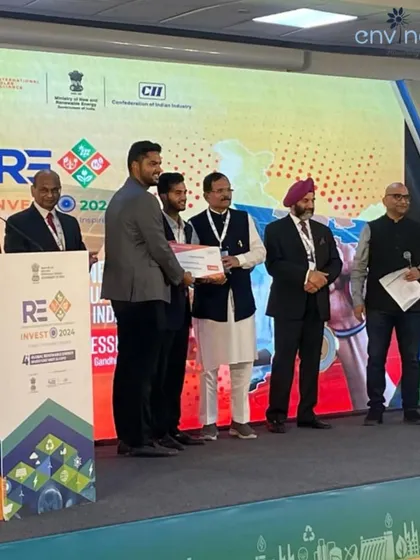 Receiving the award for the SolarX Startup Challenge at the Re-Invest 2024 event. This recognition from ISA and MNRE is a testament to our team's hard work and innovative spirit.