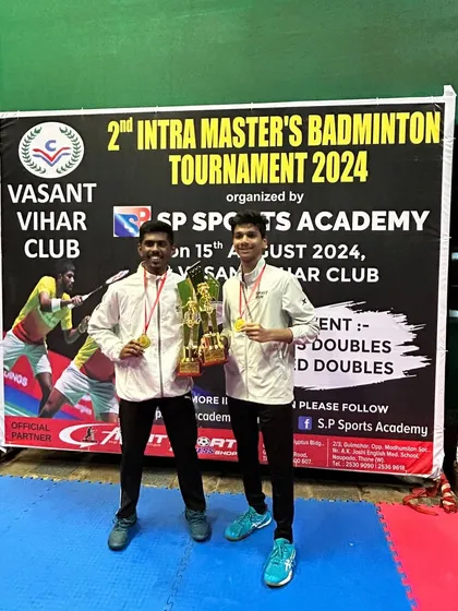 Champions of the Men's Doubles Group A, B, and C. Siddhesh and Sujal proudly display their trophies after a hard-fought victory.