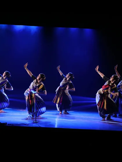 A moment of synchronized energy from my group production 'Ikshana'. The dramatic lighting and precise formations capture the urgency of our performance, which uses Bharatanatyam to explore the narrative of climate change.