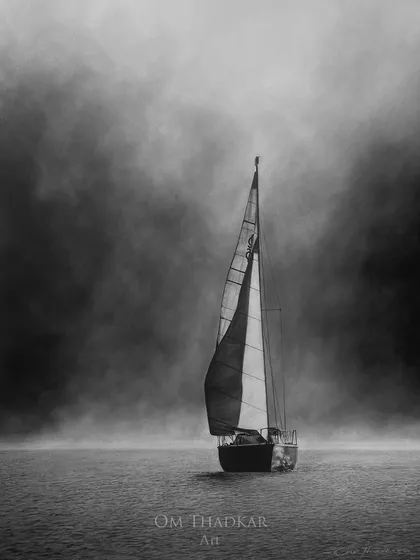 'Haze' is an atmospheric piece showing a sailboat emerging from a thick fog. My goal was to use soft, blended charcoal to capture the quiet and mysterious feeling of being alone on the water.