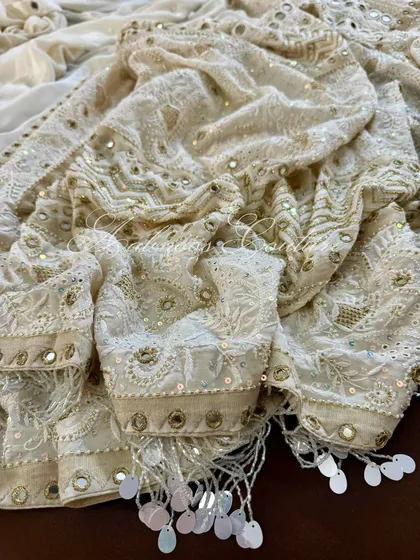 A draped view of the saree, showing the beautiful fall of the fabric and the movement of the tassels.