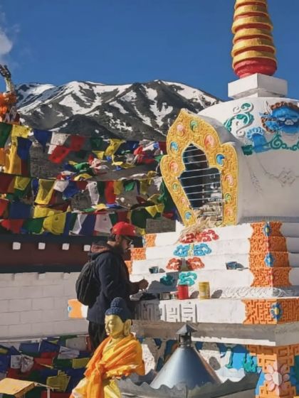 Here I am assisting a local artist to paint a Stupa at Kunzum Pass, 15,000 feet above sea level. It was an unforgettable experience contributing to a piece of cultural art in such a breathtaking location.