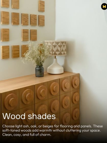 For a Japandi look, choose light wood shades like ash, oak, or beige for flooring and panels. These soft-toned woods add warmth without cluttering your space, keeping it clean and cozy.