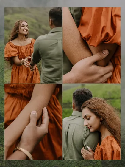 A collection of detail shots focusing on touch and connection. From holding hands to a gentle embrace, these images capture the subtle yet powerful language of love amidst the greenery of Munnar.