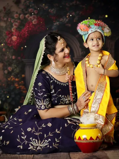 A mother and her slightly older son dressed as Krishna. These shoots are wonderful for kids of any age who want to celebrate their culture.