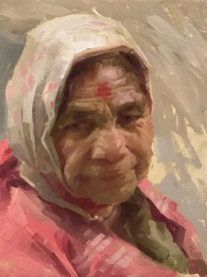 An oil on canvas portrait of an elderly woman. The warm pinks and reds of her headscarf and the gentle expression were the focus of this character study.