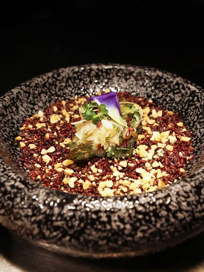 A modern dish of red rice topped with a flavourful garnish, served in a rustic stone bowl. This dish showcases our commitment to using diverse and healthy ingredients.