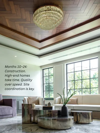 Months 10-24: Construction. Building a high-end home takes time because quality cannot be rushed. Close coordination between all teams is essential during this phase.