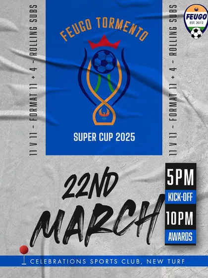 The countdown begins for the Feugo Tormento Super Cup 2025. This graphic builds excitement for the upcoming tournament at Celebrations Sports Club.