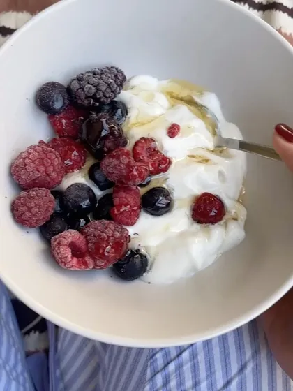 A perfect start to the day or a quick, healthy snack. This bowl of Greek yogurt with mixed berries is full of protein for satiety and antioxidants for health. It's a simple, delicious way to nourish your body and support good gut health.