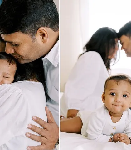 A collage from a six-month-old baby boy's milestone shoot, showing sleepy cuddles and bright, happy smiles.