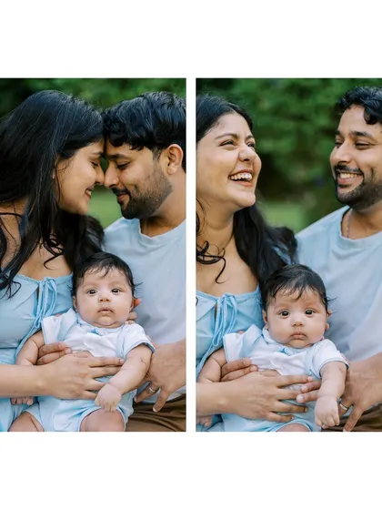 A collage showing two different moments from a lifestyle newborn session, one tender and one playful, showcasing the range of emotions we capture.