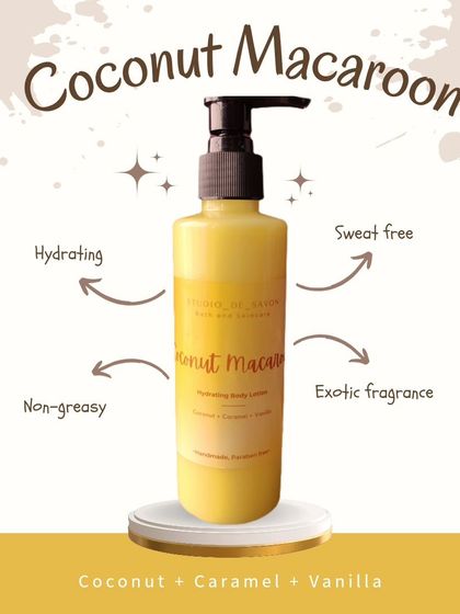 My Coconut Macaroon body lotion offers skin-quenching hydration that won't weigh you down. It has an exotic fragrance of coconut, caramel, and vanilla.