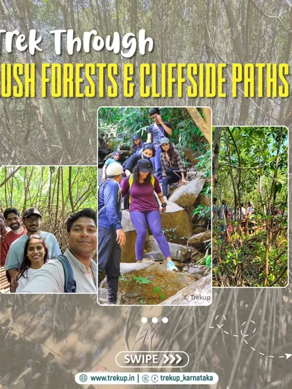 A collage showing our group trekking through the lush forests and cliffside paths that connect the beaches in Gokarna.