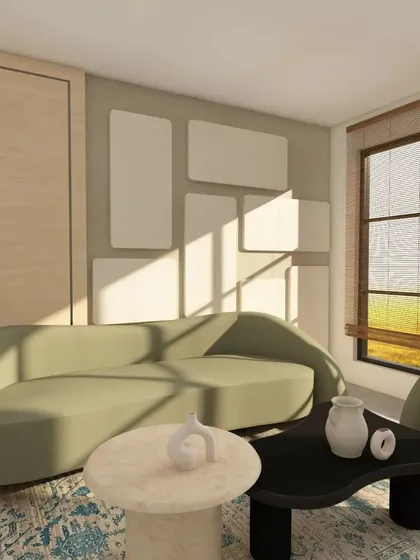 Another view of the contemporary living room design. The natural light streaming in from the large window highlights the soft green of the sofa and the textures of the rug.