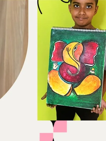 A beautiful Ganesha painting created with oil pastels. This student learned how to blend vibrant colors to create smooth gradients and a sense of dimension.