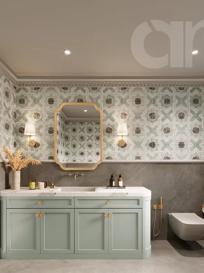 I believe even functional spaces like bathrooms should feel like a luxurious escape. In this design, intricate Moroccan-inspired tiles are paired with a custom sage green vanity and brushed brass fixtures to create a space that is rich in detail, texture, and personality.