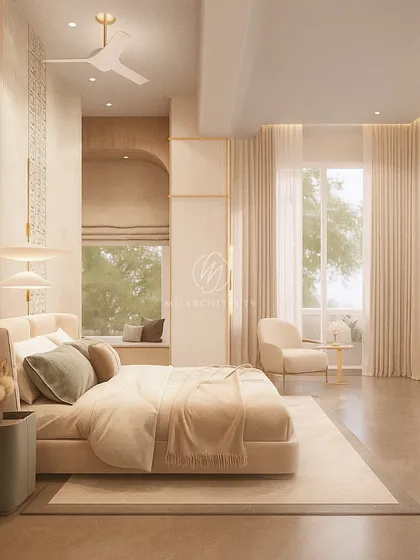 A preview of a bedroom from our upcoming "ALTIMO" project. The design uses rich, earthy textures and a warm, neutral palette to create a sense of quiet elegance and rooted refinement.