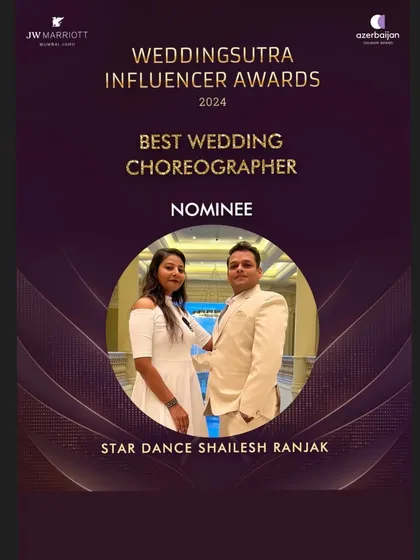 A graphic announcing our nomination for Best Wedding Choreographer at the WeddingSutra Influencer Awards. Being nominated among the best is an honor in itself.