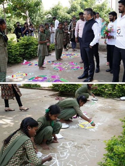 Admiring the rangoli art created by students for the Independence Day event. Their artistic expression adds so much color and joy to our celebrations.