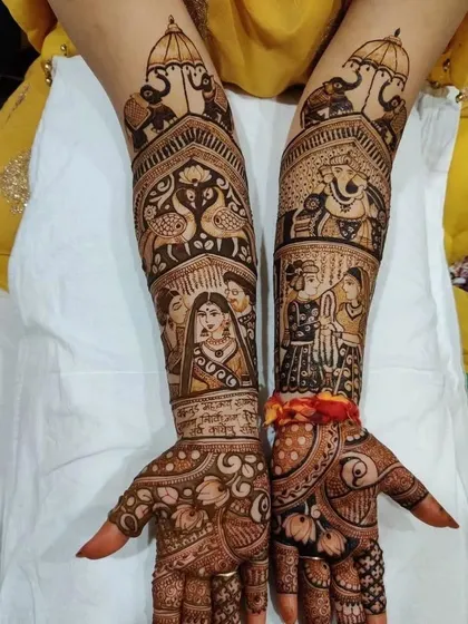 A beautiful combination of bride and groom portraits with scenes from the wedding ceremony, including the varmala exchange.