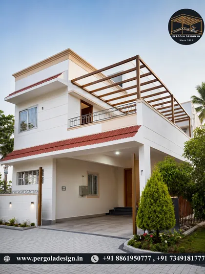 The completed pergola structure integrated beautifully with the modern villa's architecture.