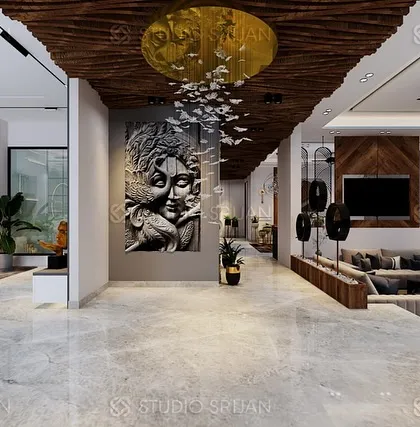 An expansive, open-plan living and dining area in Alameda, Gurgaon, featuring a stunning ceiling with a raw wood texture and a large, artistic mural of Krishna.
