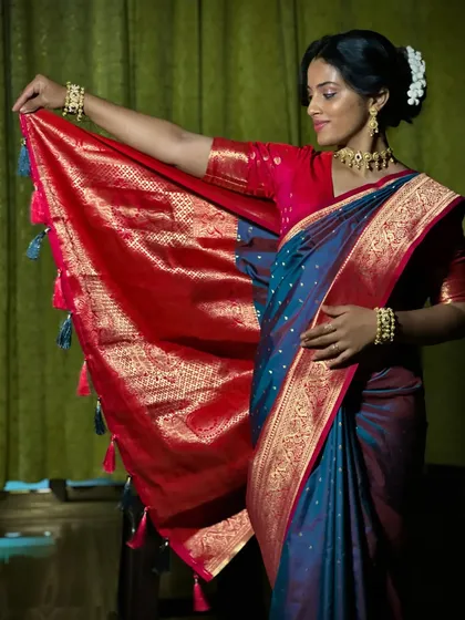 The beauty of a silk saree is in its details, especially the pallu. Here, I have styled a traditional Kanjivaram saree to showcase the rich zari work on the pallu. This draping style is perfect for weddings and festive events where you want the saree's craftsmanship to be the highlight.