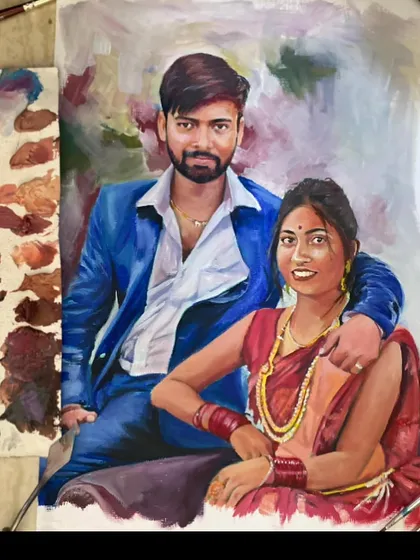 An oil painting of a couple in traditional Indian wedding attire. The detail in the clothing and the warm lighting create a celebratory feel.