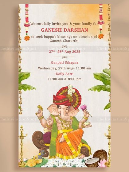 Bringing Lord Ganesha home? This personalized static invite for Ganesh Darshan features a beautiful illustration of Ganpati Bappa, perfect for sharing the blessings of Ganesh Chaturthi.