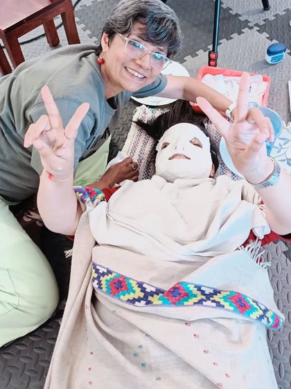 A fun, behind the scenes moment from my theatre training, where we practiced mask making. This experience taught me to embrace vulnerability and play, lessons which I bring back to my own teaching and training.