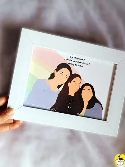 A heartfelt illustration created for a client to gift to her bestie. The quote "Hey, old friend? or should I say older friend?" adds a touch of humor to this birthday gift.