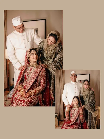A beautiful family portrait with the bride and her parents. These formal portraits are cherished heirlooms, capturing the love and support of family on the wedding day.