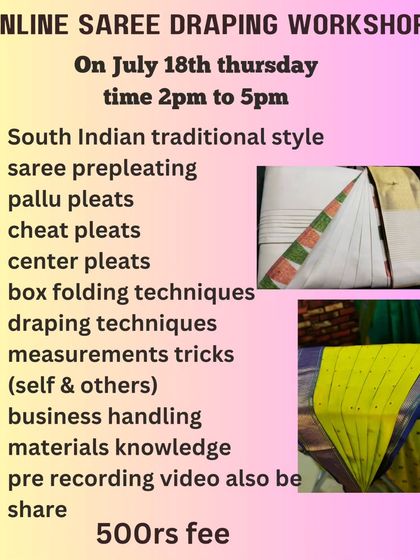 This workshop broke down the pleating process into pallu, cheat, and center pleats for detailed learning.