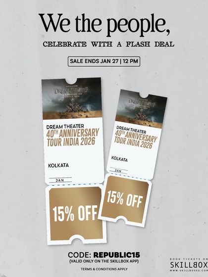 An announcement for a Republic Day flash sale, offering a discount on tickets for the Dream Theater tour.