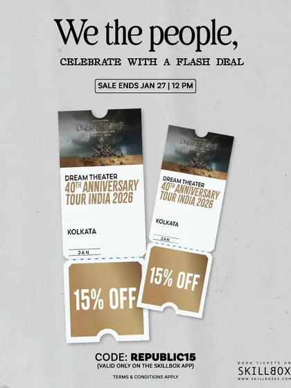 An announcement for a Republic Day flash sale, offering a discount on tickets for the Dream Theater tour.