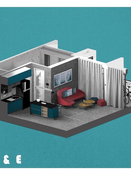 An isometric view from the design phase, illustrating the planned layout and flow of the open-concept living and kitchen area.