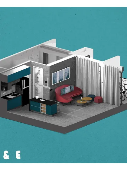 An isometric view from the design phase, illustrating the planned layout and flow of the open-concept living and kitchen area.