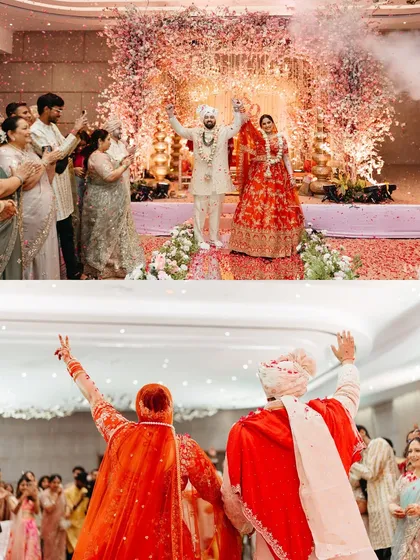 The celebration after the varmala. This collage shows the couple's triumphant pose to the crowd and their happy wave, sharing their joy with all their loved ones.