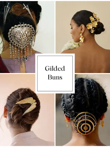 Bridal Hair Trend: Gilded Buns. A classic bridal bun gets a modern update with statement metallic hair accessories. It's a chic and sophisticated look.