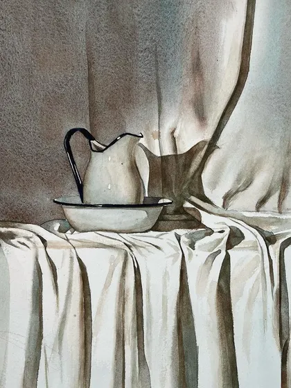 A closer look at the monochrome still life, highlighting the dramatic shadows and the texture of the draped cloth.