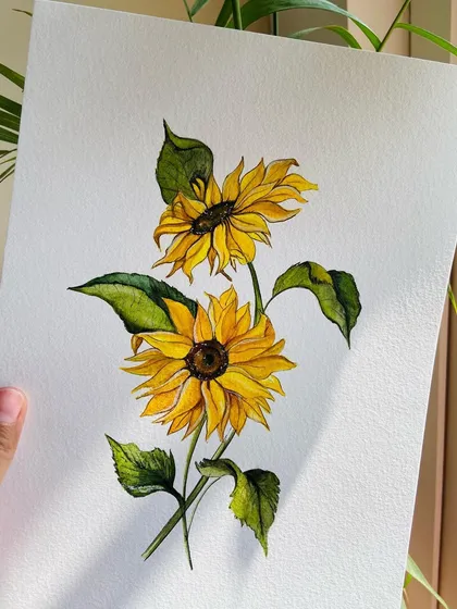 "Rise, shine & hold your head high." A beautiful watercolor painting of two sunflowers, capturing the warmth and brightness of nature. This piece is perfect for adding a touch of sunshine to any room.