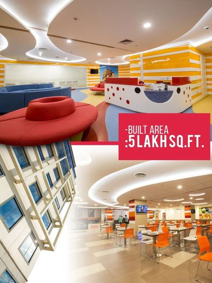 A collage showcasing the vibrant and soothing interiors of Venkateshwar Hospital. The 5 lakh sq. ft. facility was designed with colorful common areas and cafeterias to uplift the spirits of patients and staff.