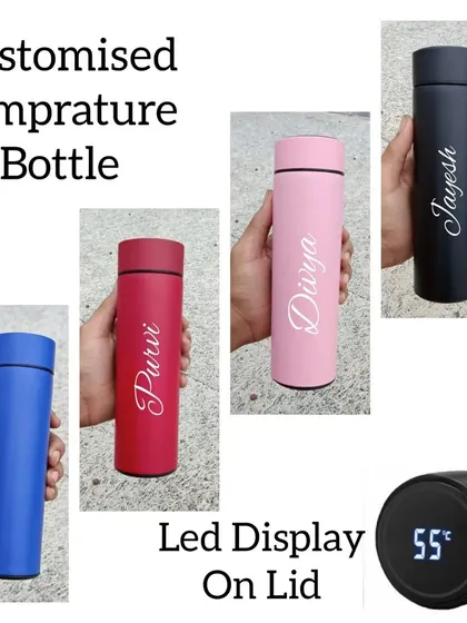 My customized temperature bottles are a modern and practical gift, perfect for corporate branding or personal use. This collage shows the available colors and highlights the smart LED temperature display on the lid, along with examples of name engraving.