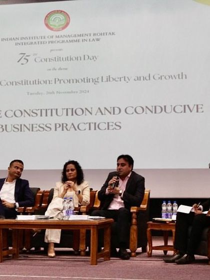 A wide shot of the panel discussion on "The Constitution and Conducive Business Practices" at IIM Rohtak. Our Partner, Vivek Jha, contributed his insights on corporate law and governance.