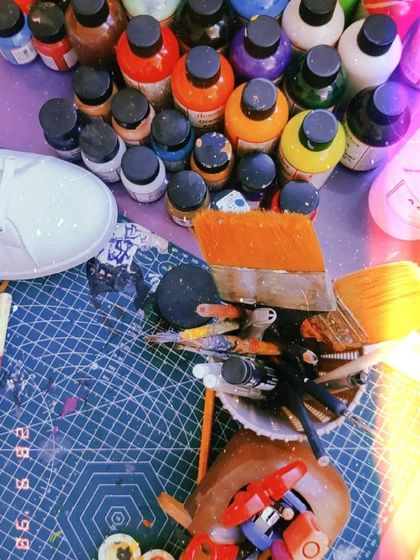 A colorful, filtered shot of my paint station. So many colors, so many possibilities.