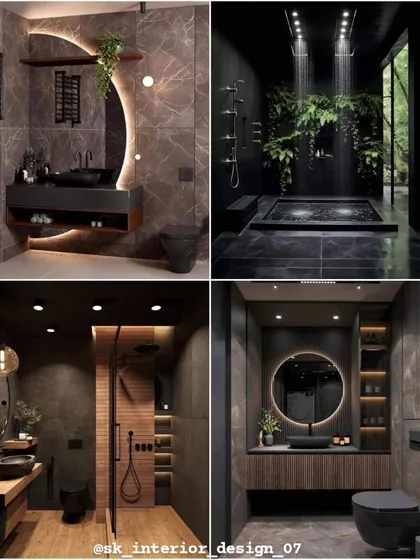 An inspiration board for luxurious and moody bathroom designs. This collage showcases ideas for dark-themed bathrooms with features like walk-in showers, statement lighting, and integrated greenery.