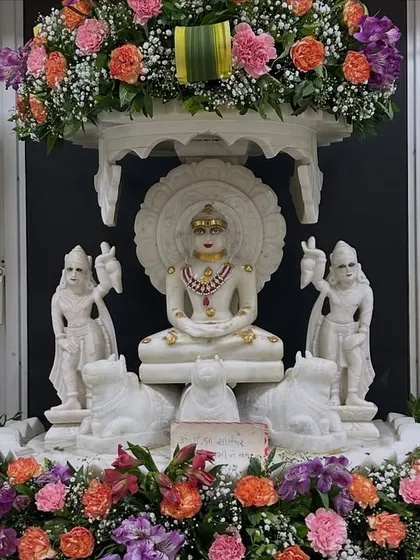 Decorating a home temple (Ghar Derasar) requires a special touch. Here, I adorned a beautiful marble temple with rings of fresh pink, orange, and purple flowers, enhancing its divine beauty for a special occasion.